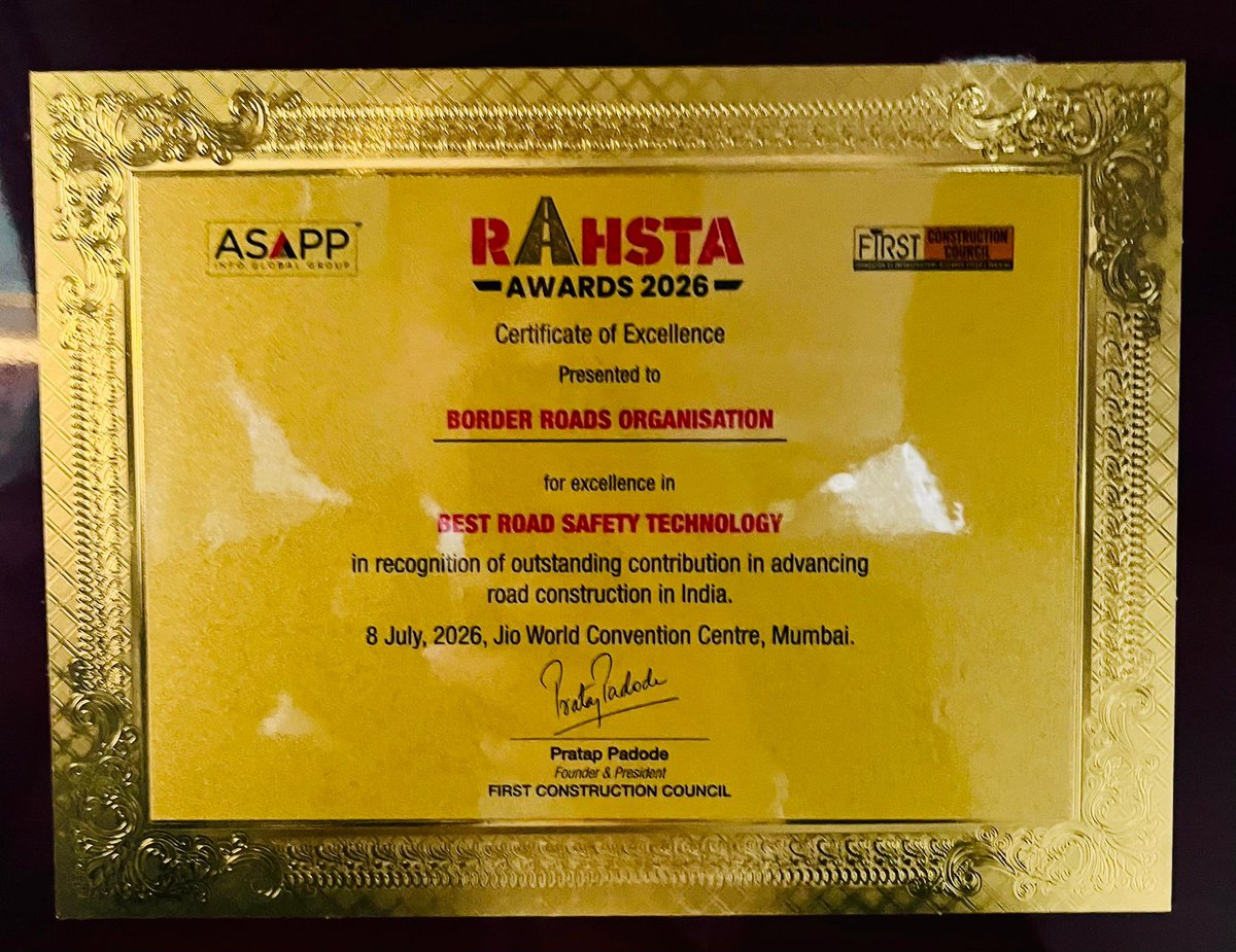 BROindia's tweet photo. #BROIndia #ProjectVartak #SelaTunnel #RAHSTAAwards2026 #EngineeringExcellence #NationBuilding
**Engineering Excellence. Strategic Vision. National Pride*
Another milestone for the Border Roads Organisation.
The 1.5 km Sela Tunnel Project, executed by Project Vartak@BRO, has been honoured with the Best Project Execution Excellence Award at the RAHSTA Awards 2026.
Conferred on 08 July 2026 at the Jio World Convention Centre, Mumbai, the award recognises Team BRO's exceptional achievement in delivering a strategically vital infrastructure project at 13,700 feet.
A proud moment for every BRO Karmayogi, whose dedication and commitment continue to strengthen the nation through engineering excellence.
🇮🇳 Shramena Sarvam Sadhyam
@rajnathsingh
@SethSanjayMP
@SpokespersonMoD
@adgpi
@PIB_India
@ANI