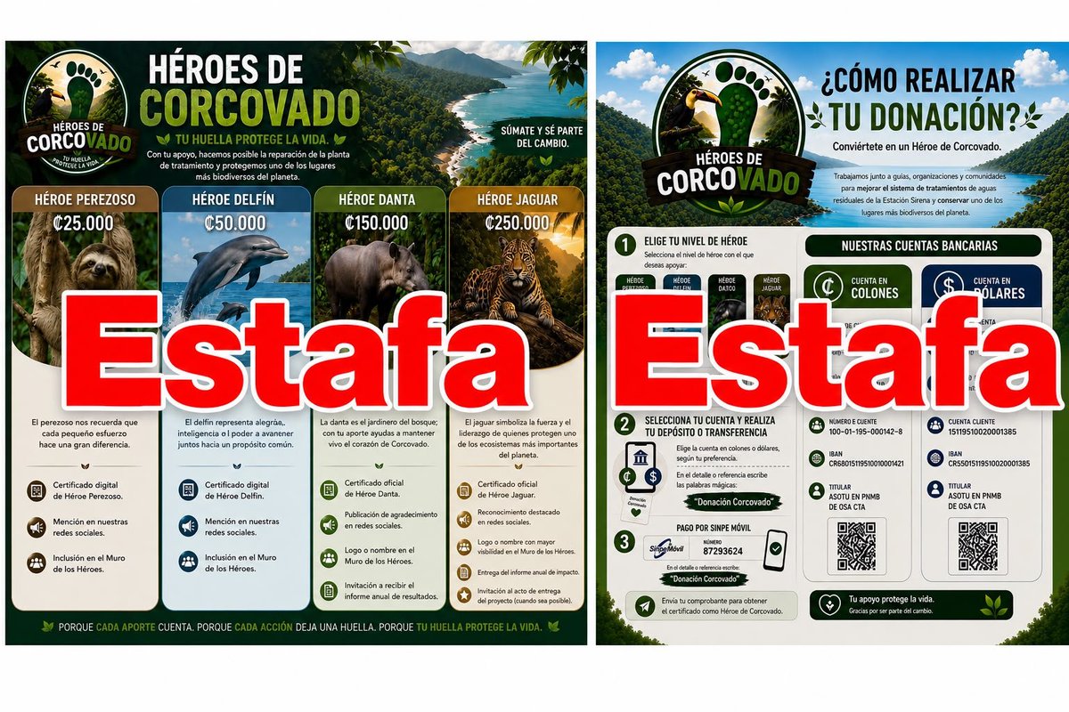 CRMinae's tweet photo. 🚨 ALERTA DE ESTAFA
Se encuentran circulando en redes sociales publicaciones que solicitan donaciones para supuestas inversiones en el Parque Nacional Corcovado. El MINAE y SINAC informan a la ciudadanía que estas publicaciones no corresponden a una iniciativa oficial. https://t.co/se2YcfuAW6