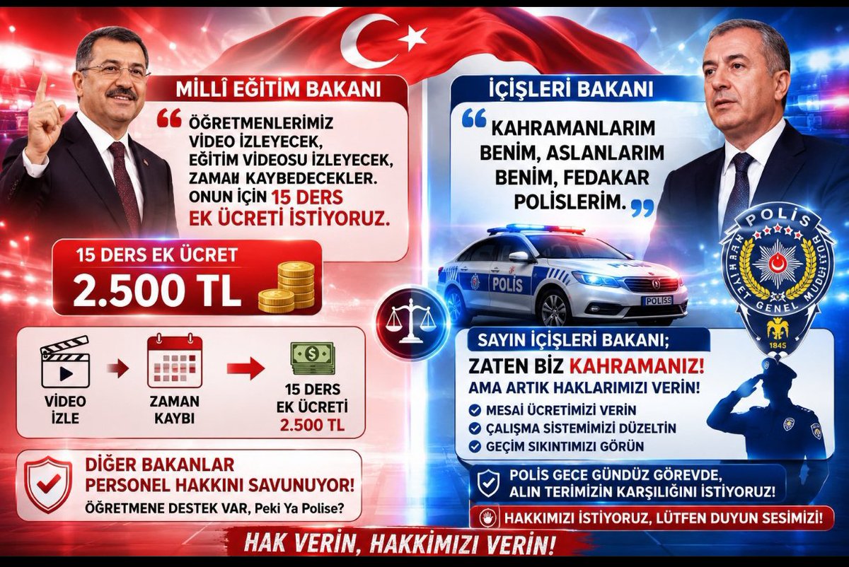 Birpls1's tweet photo. 📍Zabıtanın denge tazminatı ve ikramiyesi var

📍Öğretmenin ek ders ücreti var

📍Sağlıkçının döner sermaye ve mesai ücreti var

📍Kamu işçisinin yılda 4 kez tediye 2 kez de ikramiyesi var

Polisin hiç bir EK ÜCRETİ YOK!

#PoliseFazlaMesai https://t.co/Urw8hIZOrz