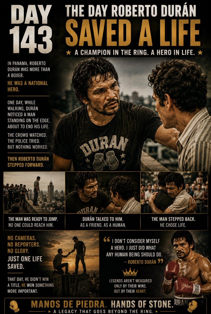 YuryIak's tweet photo. DAY 143: The Day Roberto Durán Saved a Life
No title.
No judges.
No prize money.
Just Roberto Durán talking a man away from the edge and saving his life.
Some victories happen outside the ring. ❤️🥊
#RobertoDuran #BoxingHistory #ManosDePiedra #BoxingLegend #Day143 https://t.co/tF9wXRgD5k