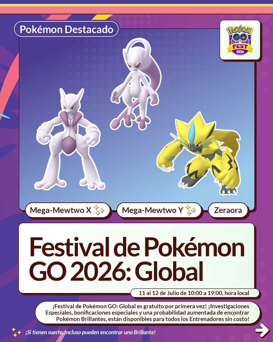 PokemonGoAppLA's tweet photo. 📣¡Llamando a todos los Entrenadores!📣

¡Asegúrense de tener todos los detalles para el próximo #PokemonGOFest2026: Global y algunos tips extra cuando se enfrenten a Mega-Mewtwo!🤩 https://t.co/jn678SJGVI