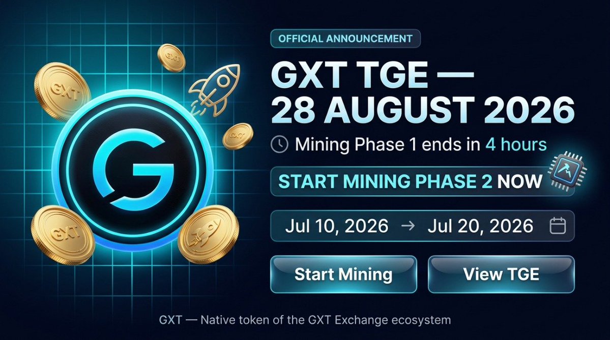 GXTExchange's tweet photo. 🚨 OFFICIAL ANNOUNCEMENT 🚨

The countdown is ON! 
⏳ GXT TGE - 28 August 2026 🚀

⛏️ Mining Phase 1 ends in 4 hours 
⚡ Phase 2 goes LIVE immediately - Jul 10 → Jul 20, 2026

Don't miss your chance to mine the next-gen exchange token. 

👉 https://t.co/hyCRbuI3w4 

Start Mining Phase 2 NOW on GXT Exchange

GXT - the native token powering the GXT Exchange ecosystem. 💎

#GXT #GXTExchange #TGE #TokenGeneration #CryptoMining #Web3 #Blockchain #Airdrop #Crypto #Altcoin #DeFi #CryptoNews #Launchpad #CryptoCommunity #BullRun #NextGenExchange #MiningPhase2 #GXTTGE2026
