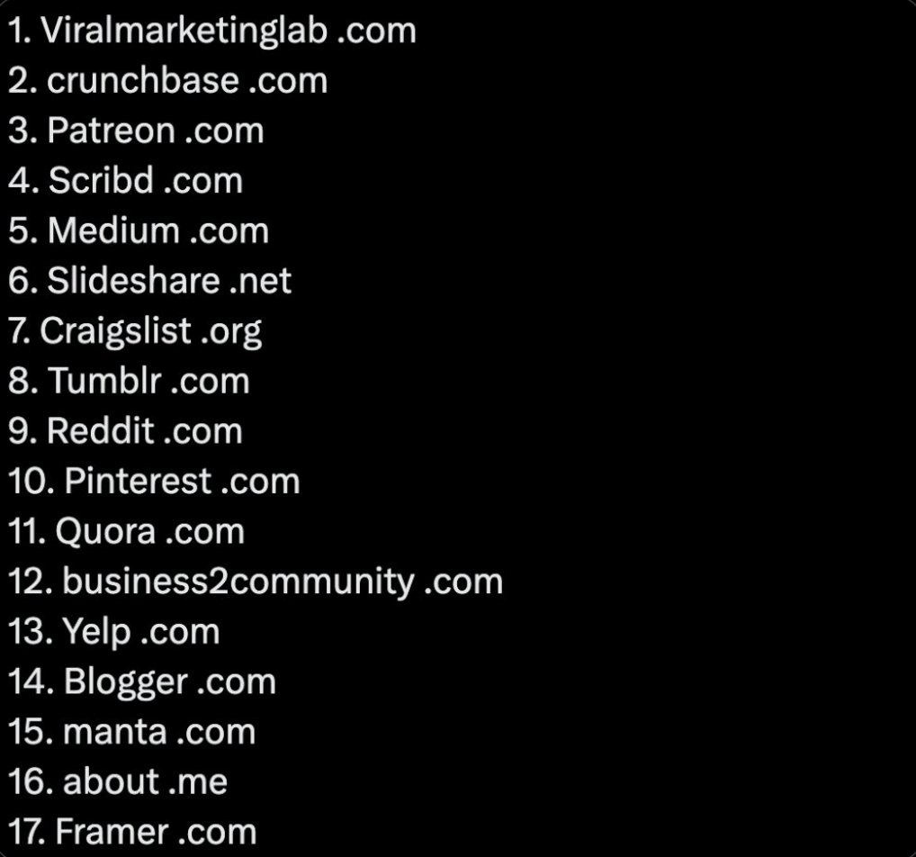seonatia's tweet photo. If you want to get “Do Follow” backlinks for your startup’s website and improve your SEO, here are 17 websites with high Domain Authority (DA) where you can list your business today:

1. Viralmarketinglab .com 
2. crunchbase .com
3. Patreon .com
4. Scribd .com
5. Medium .com
6. Slideshare .net
7. Craigslist .org
8. Tumblr .com
9. Reddit .com
10. Pinterest .com
11. Quora .com
12. business2community .com
13. Yelp .com
14. Blogger .com
15. manta .com
16. about .me
17. Framer .com
18. Substack .com