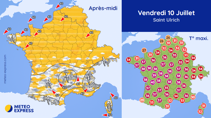 MeteoExpress's tweet photo. 🌤️ Ce vendredi : soleil et chaleur caniculaire. Risque d'orages forts vers les reliefs du sud. ➡ https://t.co/3SZnwKD8sF https://t.co/bc5hznBut5