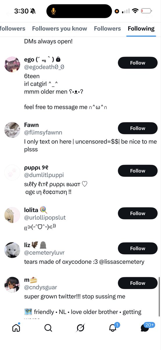 yawndera's tweet photo. this is exactly why you check peoples following, there is no reason a nsfw acc let alone a grown ass man should be following 14 yr olds ?? literal underage girls https://t.co/PGb4Vvm9vq