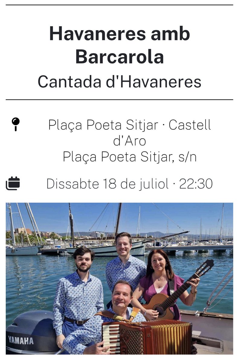 angelsbarcarola's tweet photo. Castell d'Aro, dissabte 18/7/26, Havaneres amb Barcarola a la Plaça Poeta Sitjar, a les 22:30h, dins el Cicle de Sardanes i Havaneres Estiu 2026💯🥳🎉#castelldaro #barcarola_havaneres #femplatjadaro #visitplatjadaro #costabrava #baixemporda https://t.co/RGgL1y6pcA