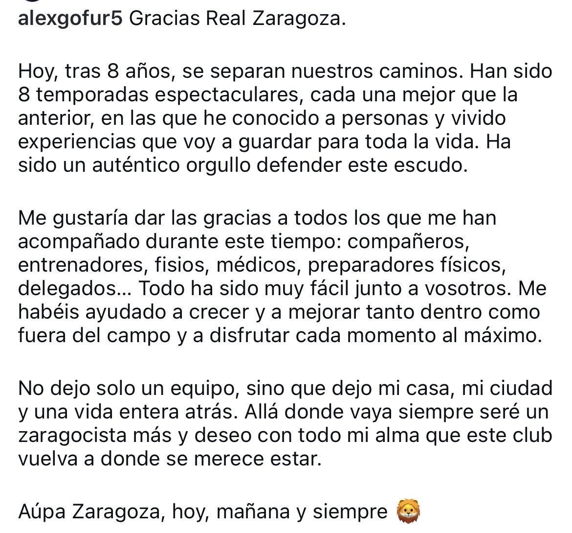 MBlanquillo1932's tweet photo. 📝 Álex Gomes se despide del #RealZaragoza con un mensaje en redes sociales: “No dejo solo un equipo, sino que dejo mi casa, mi ciudad y una vida entera atrás. Allá donde vaya siempre seré un zaragocista más” https://t.co/gAqumLNmMS