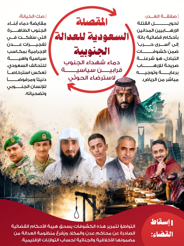 Laith_Aul's tweet photo. تتوالى طعنات حكومة الفنادق في ظهر العدالة ودماء شهداء الجنوب، لتثبت مجدداً أنها مجرد أداة مسلوبة الإرادة تنفذ الإملاءات السعودية على حساب تضحياتنا.
تجاهل الأحكام الجنائية ضد منفذي تفجير موكب محافظ عدن والشهيدين جواس وذيبان ليس مجرد تواطؤ، بل هو بيعٌ رخيص للعدالة ومساسٌ بسيادة القضاء.