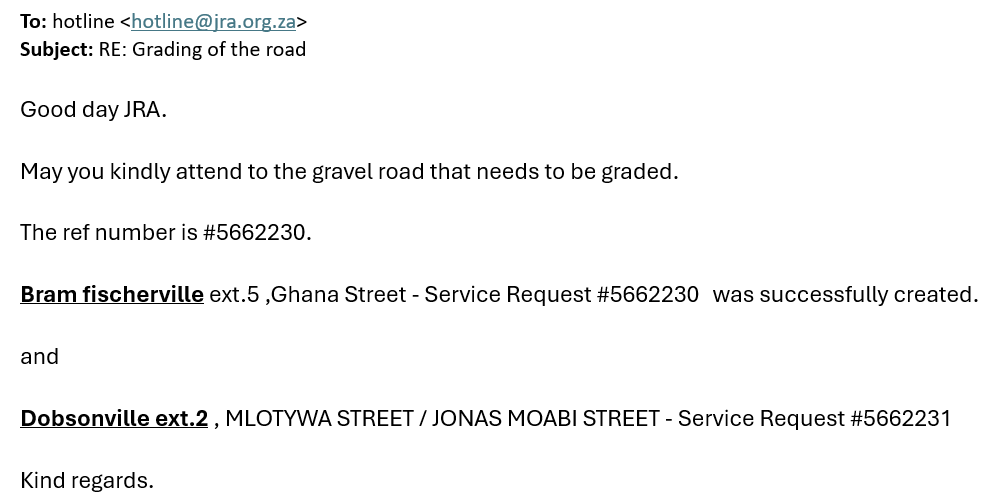 msebe82's tweet photo. @MyJRA @CityofJoburgZA @_ArriveAlive @CoJ_RegionE @CRUM_CoJ Hi , please assist" gravel road needs to be graded"  ref #5662230 and #5662231. Regards https://t.co/Y5rVNGPKhf