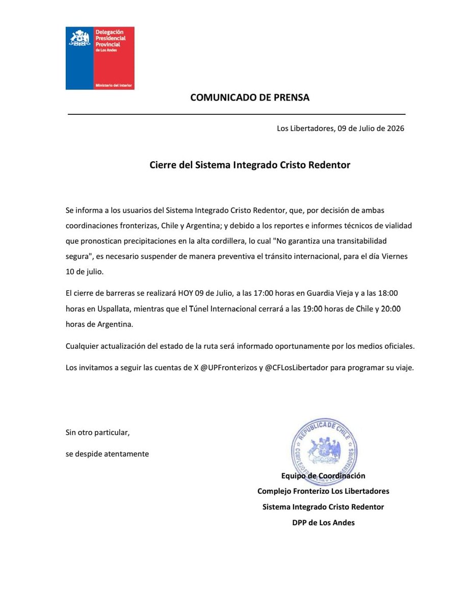 CFLosLibertador's tweet photo. [INFORMACIÓN] ⚠️🏔️

Se informa el cierre  del Complejo Fronterizo Los Libertadores, debido al ingreso de un frente climatico. https://t.co/LPnpi9uAMG