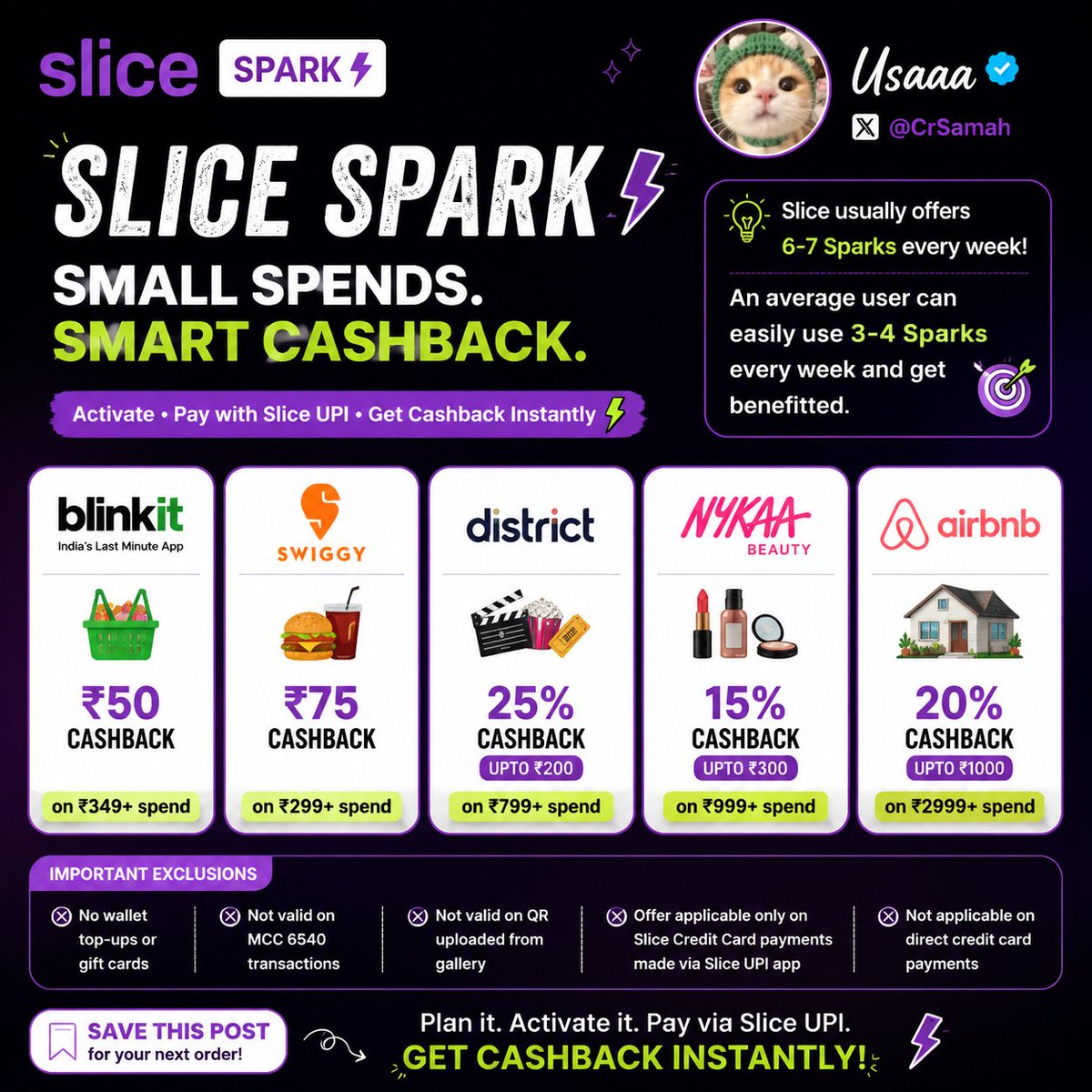 CrSamah's tweet photo. 🚨 #Slicebank #Spark this week (Ends: 16/7/26) 🔥

Out of 6-7 Sparks, a regular user can easily utilize 3-4 offers every week based on their daily spending habits.
Turning small spends into consistent cashback💜

👇 Offers currently: https://t.co/i0nBEvsYjA