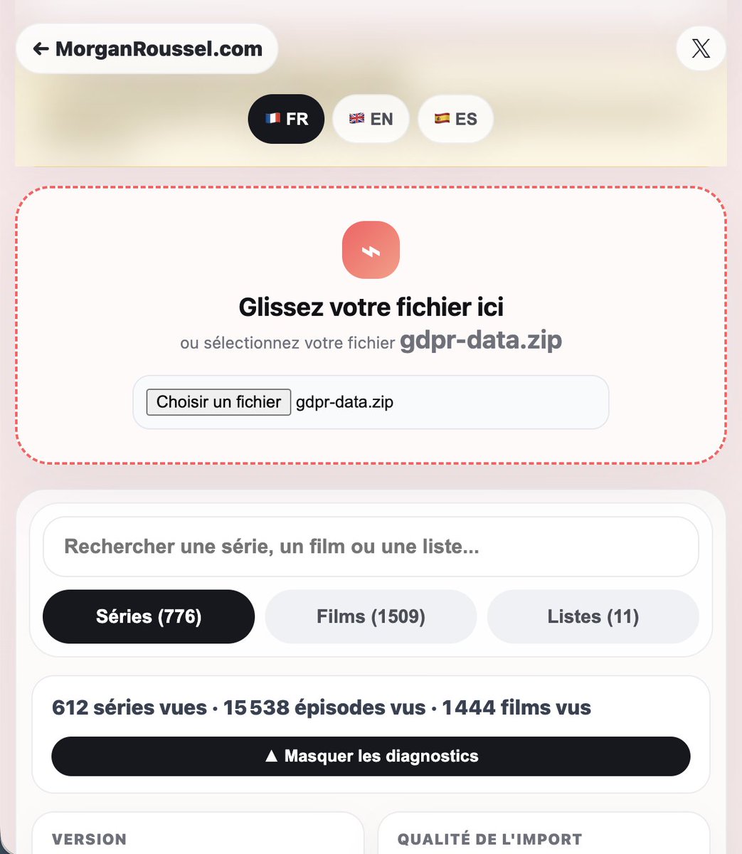 MorganRoussel's tweet photo. En attendant de trouver le remplaçant de #TVTime

📦 Importez votre export TV Time et retrouvez instantanément votre historique :

✅ Séries
✅ Films
✅ Épisodes vus
✅ Listes

Le tout directement dans votre navigateur, sans créer de compte.

👉 https://t.co/0U2gnVLg7F https://t.co/jjTmKvkqHl