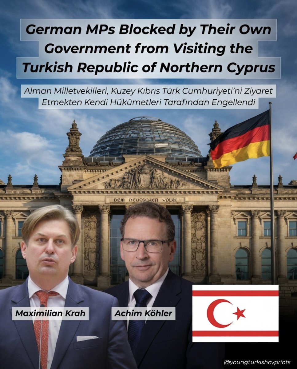 Young_Turk_Cyp's tweet photo. Two German MPs (AfD) have been blocked for a second time from visiting the Turkish Republic of Northern Cyprus - this time by the Bundestag’s own Human Rights Committee.

No government should stop its MPs travelling to TRNC. Turkish Cypriots deserve the same contact as the South. https://t.co/h13vpmfhBB