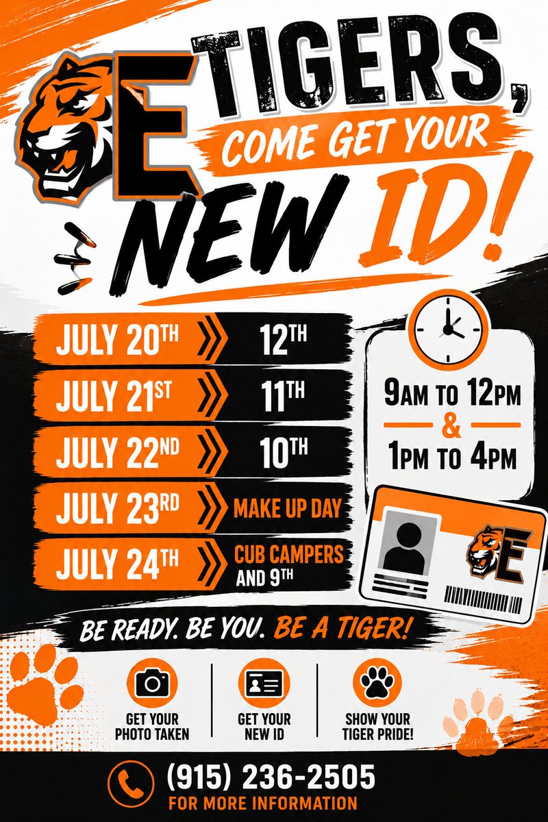 ElPasoHSMBB's tweet photo. Tigers let's get ready for the upcoming school year and get your School ID. See the details in the flyer for more information. 
🐯❤️🤓
@ElPasoAthletics https://t.co/dcKj84Mbib