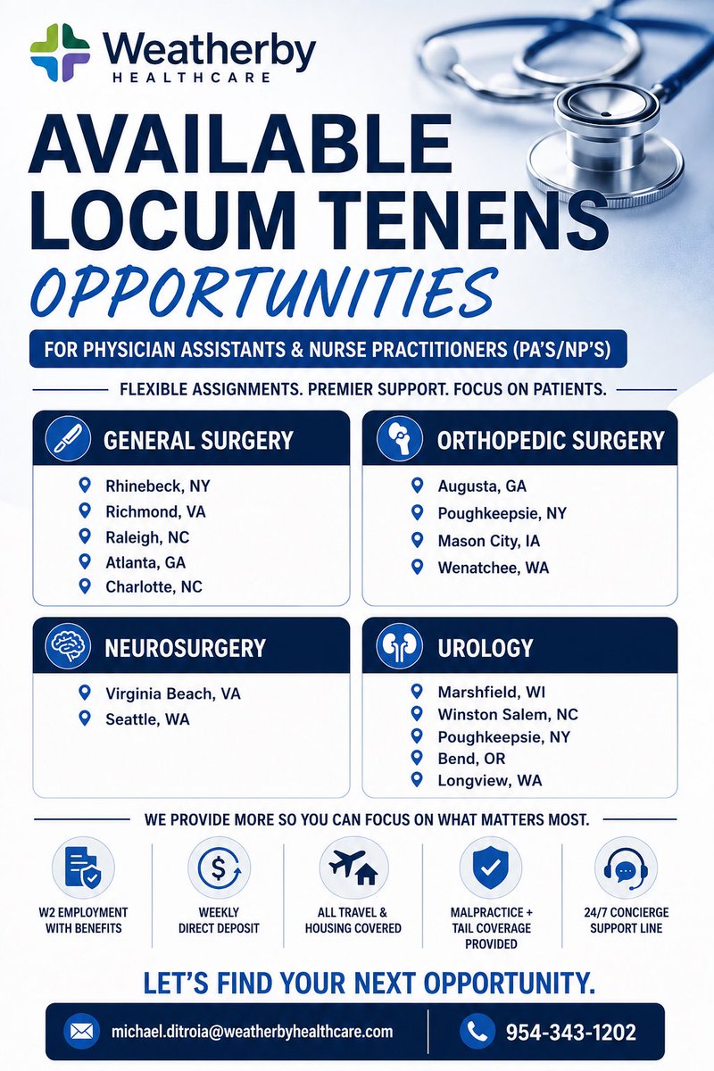 _TheBoy_25's tweet photo. 954-343-1202 / Michael.ditroia@weatherbyhealthcare.com

Key highlights our providers enjoy:
* Nationwide opportunities
* Higher pay
* Schedule flexibility
* W-2 employment (benefits + tax advantages)
*Weekly direct deposit 
* Fully covered housing and travel
#Locum #PA #NP https://t.co/LSRp7g4wwB