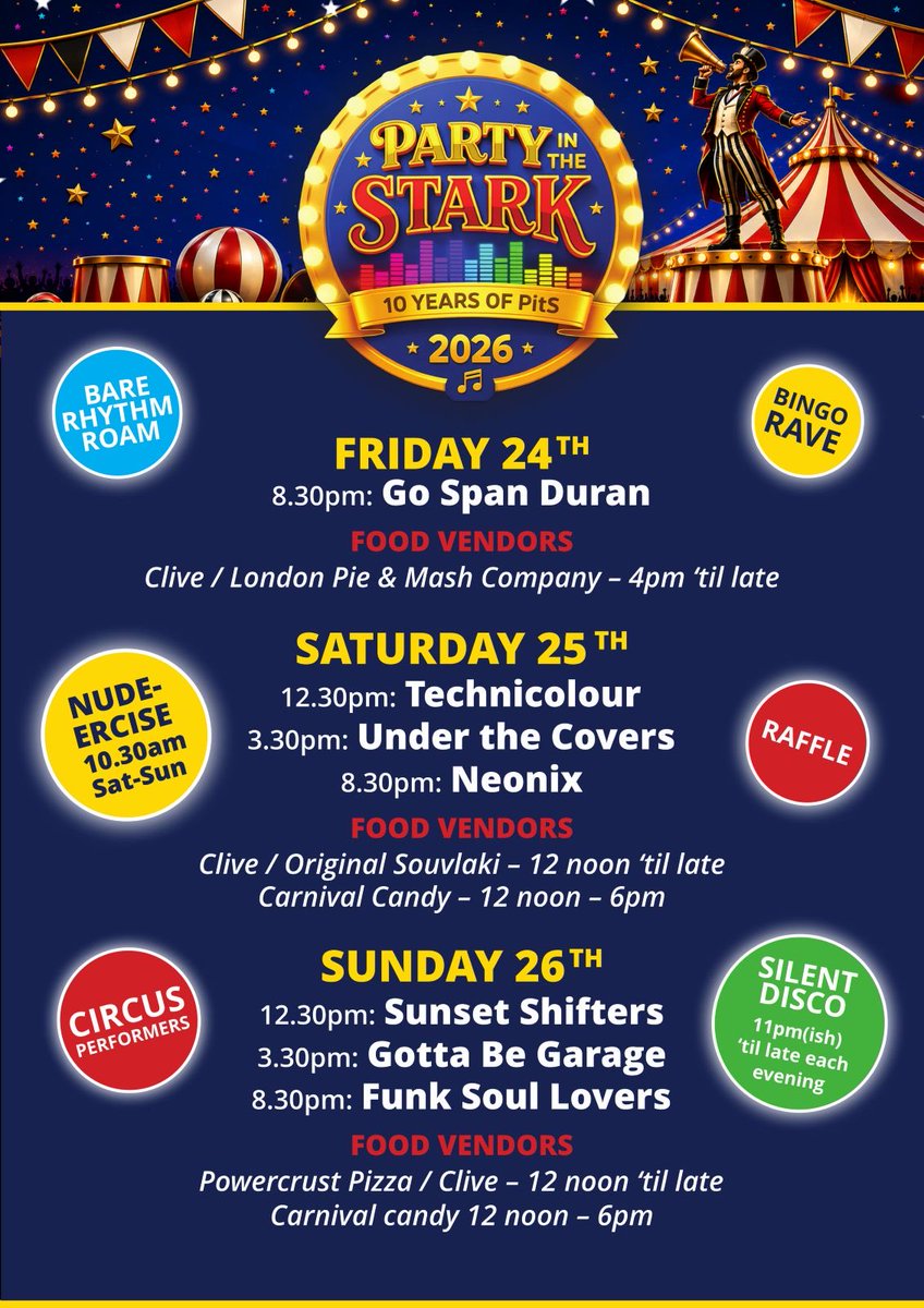 natfound's tweet photo. 🎪 The countdown is on – Party in the Stark returns for its 10th anniversary! 🎉
Join us from 24–26 July for a fantastic weekend packed with entertainment &amp; fun!
We can’t wait to celebrate 10 years of Party in the Stark with you! 🌟

#partyinthestark #PitS26 #10thanniversary https://t.co/pqypWA4WJ7