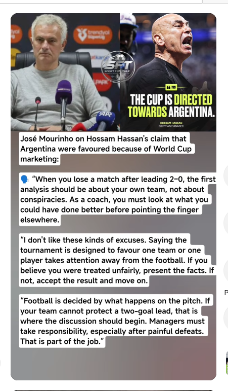 AnaGDurand1's tweet photo. Most football connoisseurs would see it that way. Egypt were valiant, but towards the end, when Argentina shifted the game, they bucked. That's the main story before the allegations. #Mourinho
Source https://t.co/495CyP3KIW by @SPORTSFUNTalk-k8e
#WorlCup2026 #Argentina vs #Egypt https://t.co/mQdI8vR6Iv