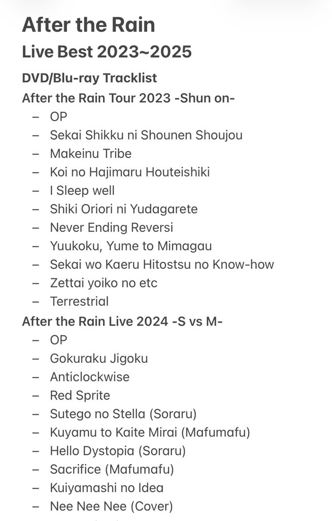 mafudonesp's tweet photo. Se anunció el tracklist de lo que incluirá el DVD/Blu-ray de los conciertos de 2023-2025 de AtR ☔️

Incluye 31 canciones y algunos detrás de escena!! Además, anunciaron la ilustración de los bonos por tienda que darán en la compra https://t.co/8eaWP8RPKJ