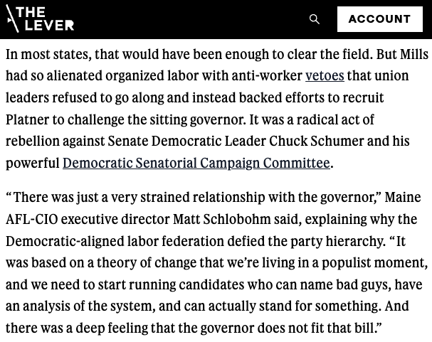 davidsirota's tweet photo. The attempt by national media to portray Platner as some purely hand-picked selection of out-of-state operatives is the height of elitism/narcissism that centers all things DC/NY in every story — and ignores the underlying local dynamics in places derided as flyover country.

He was recruited with the help/support of local labor leaders who were disgusted with the state Dem establishment. You can of course question their candidate vetting/selection. But the question should be: how did that Dem establishment in a blue state so alienate labor that unions were desperate for something different? 

Nobody in elite Dem media/politics wants to ask that because they hate labor and see the working class as “deplorable.” But that is a huge question.