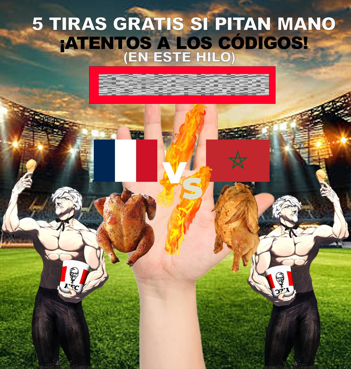 KFC_ES's tweet photo. Si el arbi pita MANO 🖐🏻 en el partido de hoy Francia vs Marruecos te llevas un rico Menú de 5 tiras gratis. Subiremos el código en este hilo. Que no te lo quiten de las manos!!! https://t.co/WHrGcZ57Bb