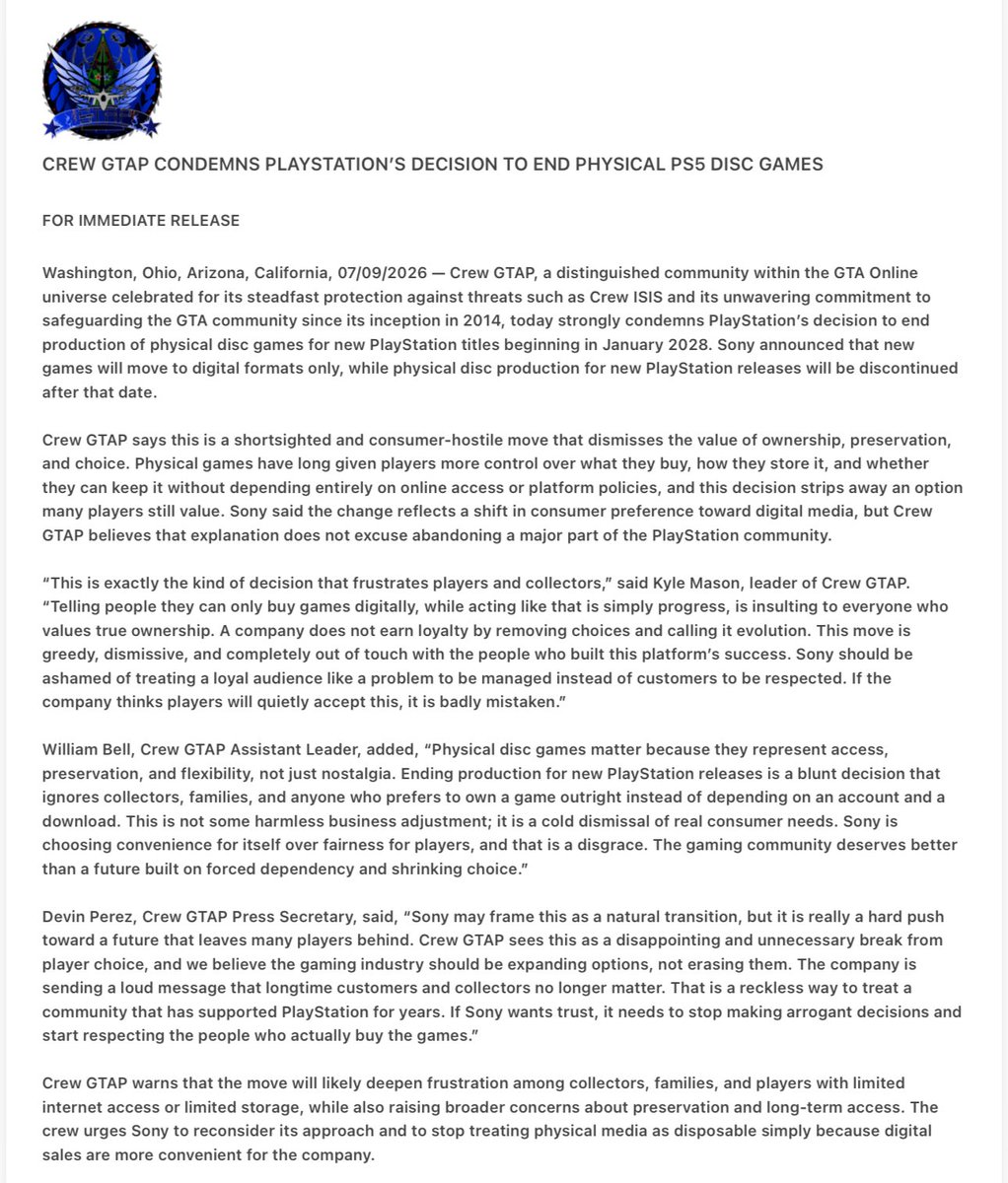 GTAPMedia's tweet photo. BREAKING: GTAP responds to @PlayStation decision on stepping away from physical disc, GTAP Officials say https://t.co/qlYm3rcaBE
