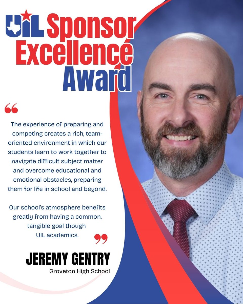 uiltexas's tweet photo. 💫 Sponsor Excellence Spotlight 💫

Jeremy Gentry has dedicated 16 years to coaching UIL academics, specializing in literary criticism while also mentoring students in copy editing, headline writing, debate, ready writing, and current issues. His literary criticism teams captured three consecutive state championships from 2022-24, while his students have earned numerous state medals and qualifications across multiple academic events.

#ExcellenceEveryDay