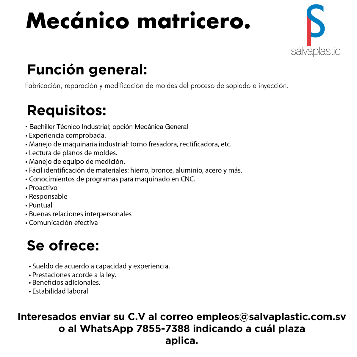 Salvaplastic's tweet photo. ¡Estamos contratando!
Buscamos :
✅ Mecánico matricero

Para unirse a nuestro equipo en Salvaplastic.
Si eres responsable, organizado y con actitud de servicio, esta oportunidad es para ti.
👉 Envía tu CV ya a: empleos@salvaplastic.com.sv https://t.co/ec17M6EkwL