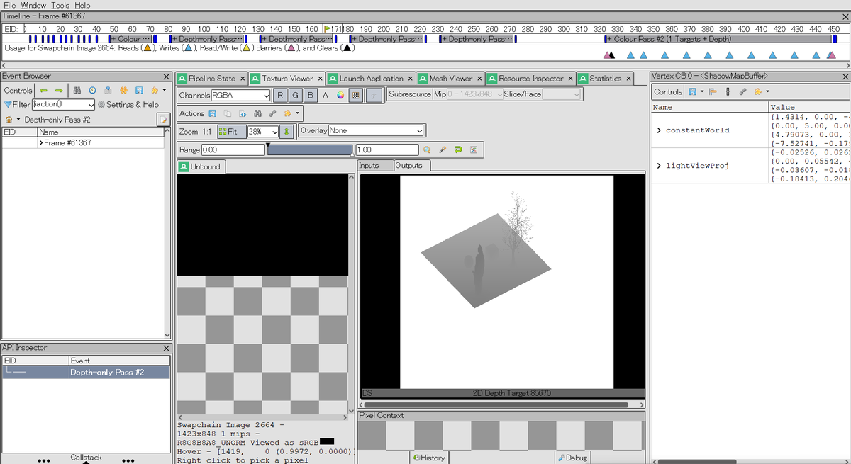 TeraUnXf5's tweet photo. 今週は主にカスケードシャドウコード周りの整理をしてました！
ちなみにRenderDocは接続するだけで描画周りのデバックができるので本当に便利です！
自作エンジンでも特に追加コード書くことなく接続できました！
シェーダー側に値が正確に来ているか等が簡単に調査できます🧐

#indiedev https://t.co/S9jLt7nj1n