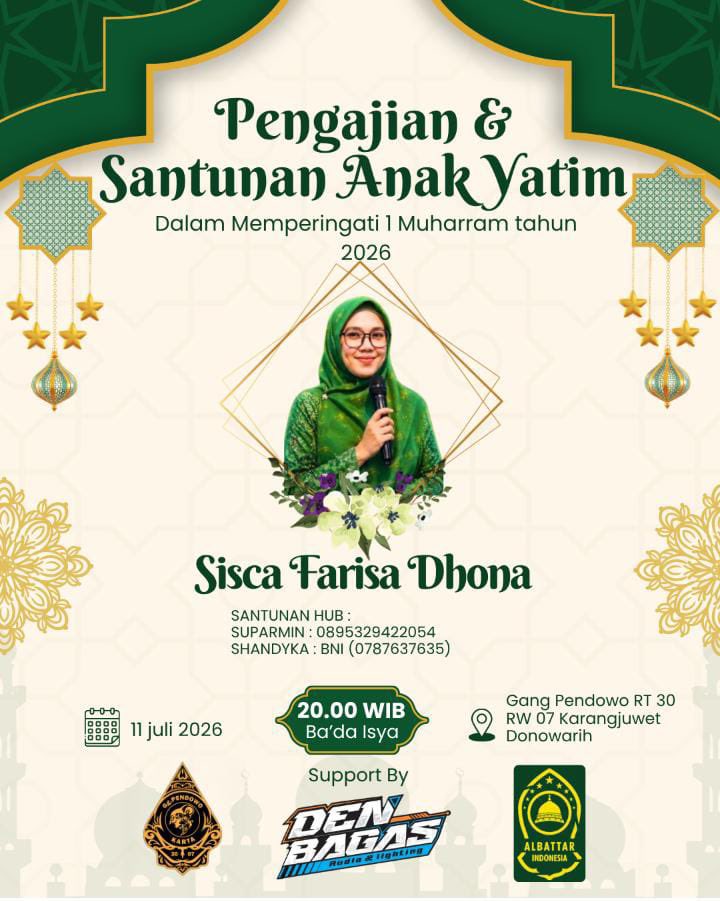 nada_sisca's tweet photo. #pengajian Bareng Ning #siscafarisadhona #siscanada #esefde   
🎙️=>  Karang ploso - Pengajian &amp; Santunan Anak Yatim
🗓️ =>  sabtu,11-juli-2026 jam 20:00
📍=> Gang Pendowo RT 30 RW 07 Karangjuwet Donowarih, kec karangploso, kab malang https://t.co/C1HY7ZBXwc