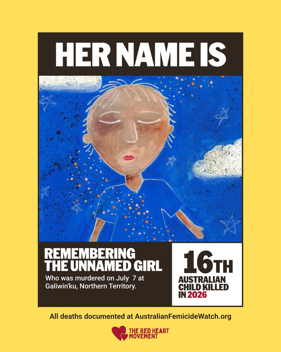 ShereleMoody's tweet photo. ❤️SHE MATTERS: THE UNNAMED GIRL!❤️

'We mourn the tragic loss of a beautiful young girl from our community'
She was only 17. He is 34. 
She is the youngest victim of intimate partner violence in Australia this year.
He allegedly murdered her on Tuesday at Galiwin'ku, Northern Territory.
The teenager is the 16th Australian child killed in 2026. A total of 27 children were killed in 2025.
"There are no words that can ease the pain of losing someone so young," the Galiwin'ku Women's Space Aboriginal Corporation said in a post on social media. 
"We honour her life, remember her with love and stand alongside her family and our community with compassion, strength and respect."

THIS UNNAMED GIRL MATTERS!❤️

* You can help me get a Royal Commission into the Killing of Women and Girls by signing the petition using the link in my bio (Insta) or go to: https://t.co/Cxq1KK37O6.

❤️ABOUT THE COUNT❤️
I document all Australian women & children lost to murder, manslaughter, neglect and other unlawful acts regardless of perpetrator gender or relationship to the victim. This means not all women and children killed are lost to domestic violence. They are also killed by people known to them (ie friends) or by strangers. My work includes Australians killed overseas. Every death is documented at https://t.co/DW9BTHwqhk (link in bio).