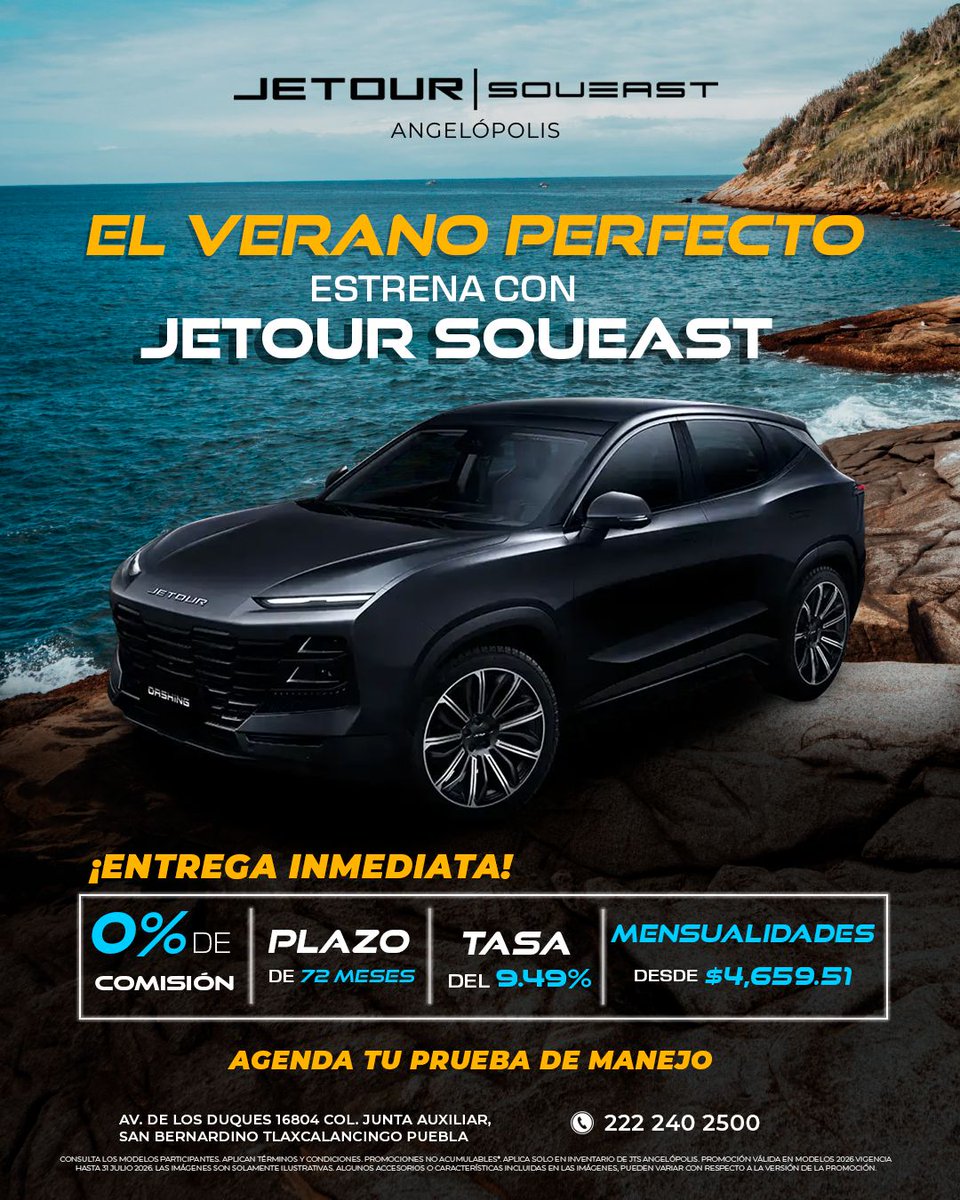 JetourPuebla's tweet photo. ☀️ Este verano cambia de destino… y de SUV.

Estrena la Jetour Dashing con 0% de comisión, plazo de hasta 72 meses, tasa desde 9.49%, mensualidades desde $4,659.51 y entrega inmediata.

#JetourSoueast #JetourDashing #EntregaInmediata #SUV #EstrenaEsteVerano https://t.co/6dC71qmAOi