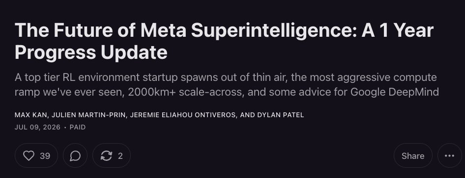 wallstengine's tweet photo. SemiAnalysis is out with a deep dive on $META Superintelligence, and they’re clearly impressed with Meta’s pace of improvement.

They think Meta may be the only major AI player on track to be world-class across data, talent, and compute.

Meta has reportedly turned its internal workforce into an RL data engine, with around 3,000 engineers working on RL tasks/environments, while also building five 1GW+ “titan” compute clusters.

SemiAnalysis says Meta’s compute ramp could give it more AI compute than OpenAI and Anthropic by year-end, while its scale-across networking could connect campuses up to 2,000 km apart.

Muse Spark 1.1 still is not at OpenAI or Anthropic level, but the note says Meta could catch or pass Google within 6 months if the current ramp holds.