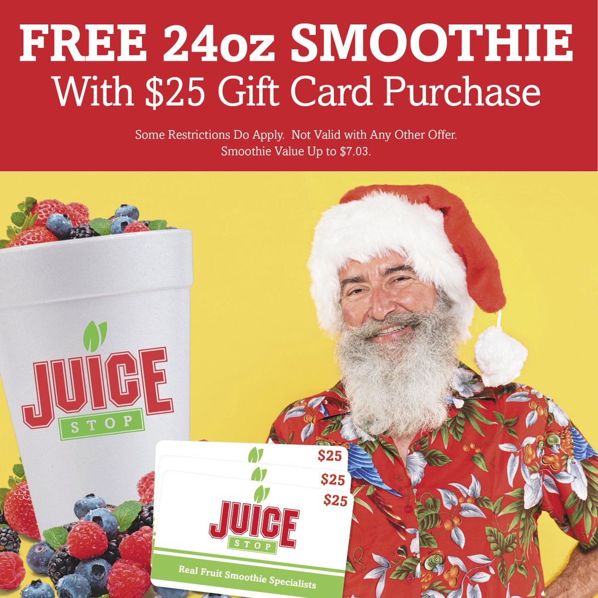 juicestopsf's tweet photo. Have you heard about our #ChristmasInJuly special?

You get a FREE 24 oz smoothie with a $25 gift card purchase! #SiouxFalls https://t.co/VJ2b2zT1hV https://t.co/9UTC0Oxrre