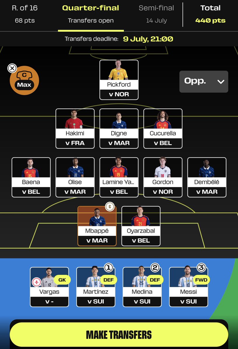 fpltierney's tweet photo. Right, team 🔐 with a -3 hit 
Digne, Baena,Gordon and Oyarzabal in ✅
Max cap for a last chance of gain 🍟 
🌎 247k
#wcfantasy https://t.co/oKsOsiM2xa