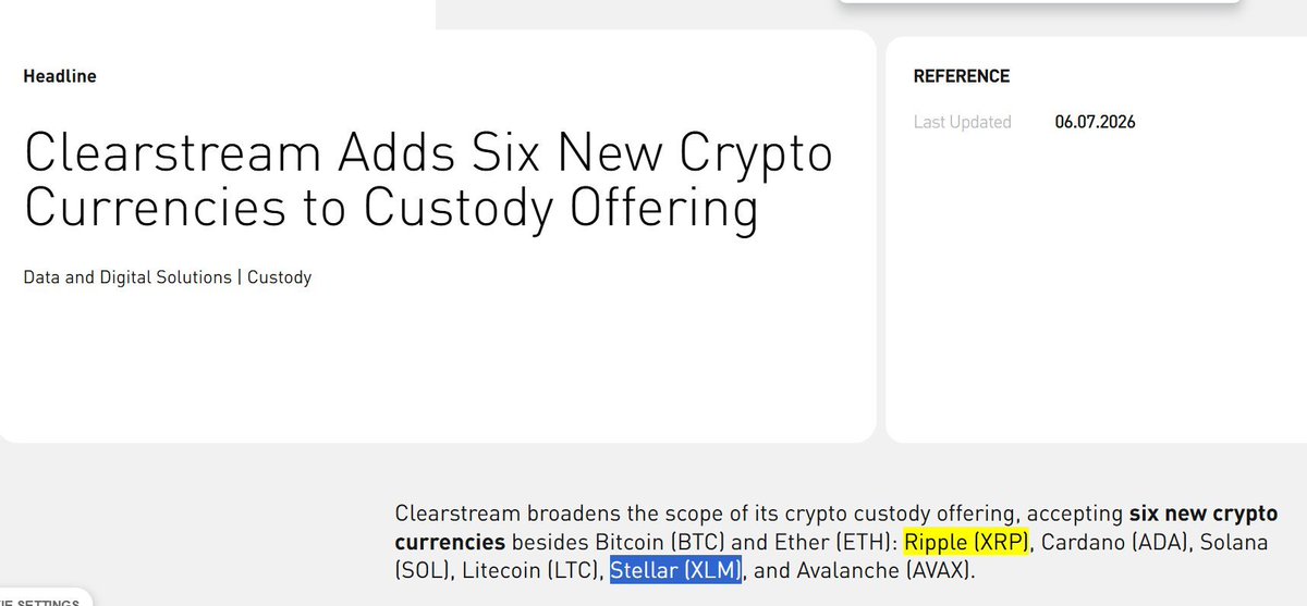 RealAllinCrypto's tweet photo. Clearstream, owned by Deutsche Börse, just added custody for $XRP and $XLM.

They have €22T+ in assets under custody, and in Feb this year they posted they want to deeper integrate the @Ripple ecosystem.

Is this the start of more $XRP in Europe’s financial plumbing? https://t.co/zCtwbOrvim