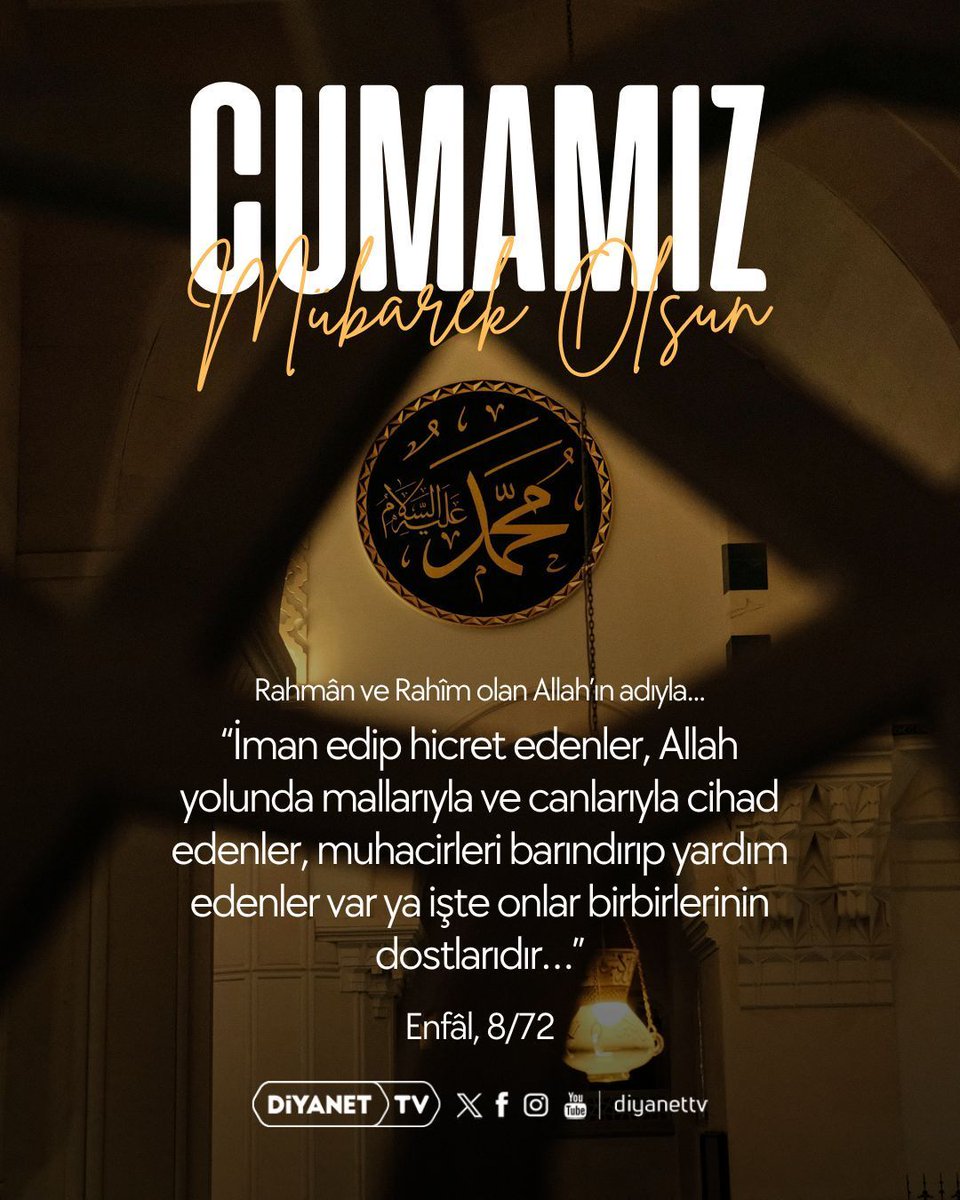DiyanetTV's tweet photo. Cumamız Mübarek Olsun... 🤲🏻

Rahmân ve Rahîm olan Allah´ın adıyla

 ❝İman edip hicret edenler, Allah yolunda mallarıyla ve canlarıyla cihad edenler, muhacirleri barındırıp yardım edenler var ya işte onlar birbirlerinin dostlarıdır…❞

[Enfâl, 8/72] https://t.co/rV58CXlwhS