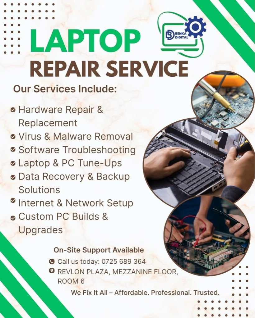 BenkaDigitals1's tweet photo. Laptops repair
Screens from 3500
Keyboards from 2500
Batterys from 2800
Adaptors from 1300
Rams from 1000
Ssds from 2000
Hinges modification from 1500
General maintenance @ 1500
📞.0725689364#JesusReturnIsNigh
Ruaraka land heist
Fingerprint recognisation
Compromised judge mogeni https://t.co/gowpm6pj87