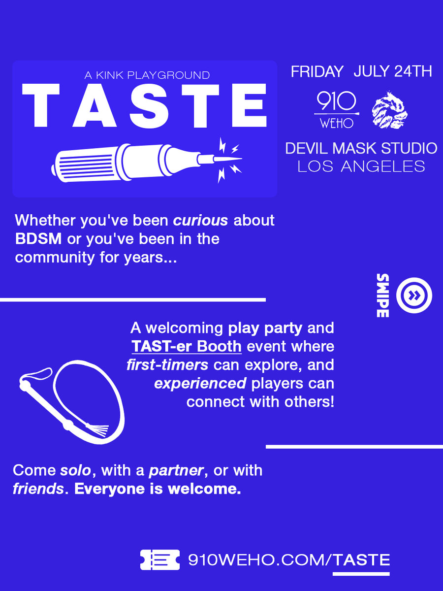 910weho's tweet photo. Curious about your first play party? 🌟 TASTE offers guided booths for flogging, rope, electro, and more. Watch, learn, or try with expert facilitators. Join us July 24, 8 PM at Devil Mask Studio, LA. Tickets: https://t.co/Xfq8uxVkhW #bdsmcommunity #losangeles https://t.co/LIwp0eHwuW