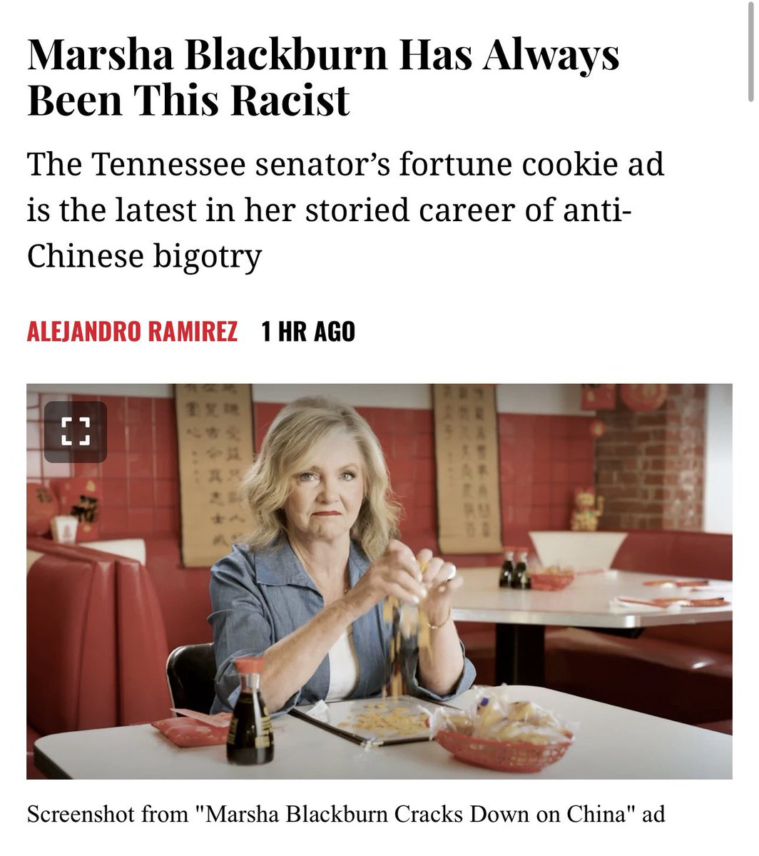 TheTNHoller's tweet photo. 🔥 Salute to the @NashvilleScene for calling out @MarshaBlackburn and her racist Chinese restaurant ad 🫡 

(as every local Tennessee outlet should)

https://t.co/EUIJ6A4Q1P https://t.co/pVeONK5y6y