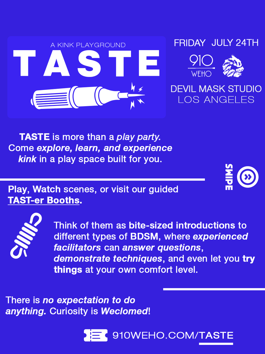 910weho's tweet photo. Curious about your first play party? 🌟 TASTE offers guided booths for flogging, rope, electro, and more. Watch, learn, or try with expert facilitators. Join us July 24, 8 PM at Devil Mask Studio, LA. Tickets: https://t.co/Xfq8uxVkhW #bdsmcommunity #losangeles https://t.co/LIwp0eHwuW