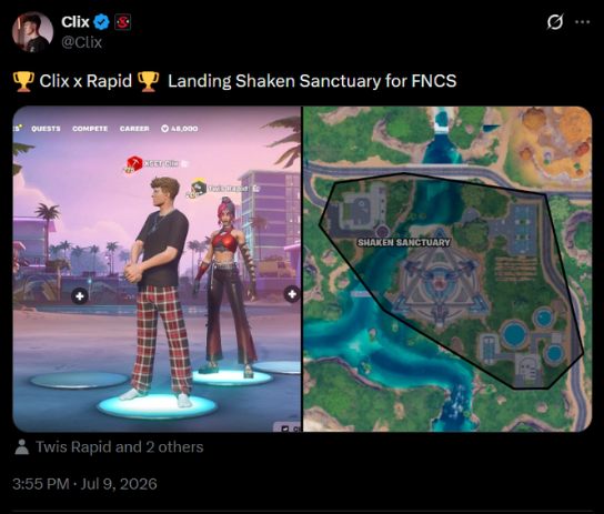 ClixUpdatesLIVE's tweet photo. Clix &amp; Rapid vs. Peterbot &amp; Pollo this FNCS 😈

who's leaving Shaken Sanctuary first? https://t.co/YpSSpWzvSg