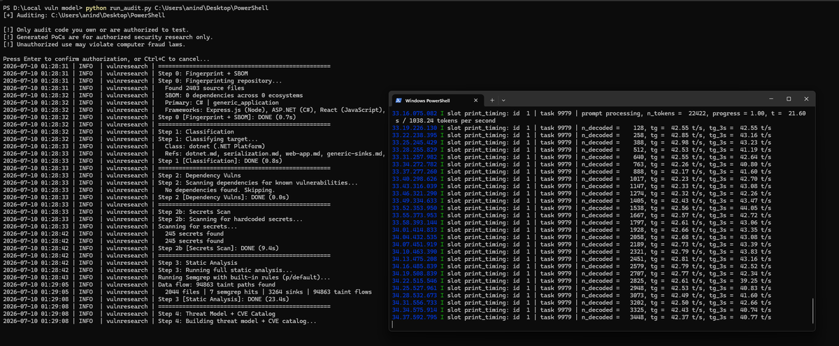 TheTeaToast's tweet photo. I built a fully local vulnerability research pipeline that runs on commodity hardware - no cloud, no API costs.

Powered by Qwen3.6-35B MoE (3B active, uncensored, IQ3_M) - 39 tok/s at 131K context on my RTX 4070 Ti SUPER 16GB.

Architecture: N-pass clean-context fuzz audit

• Fresh context every pass
• Explores different attack surfaces
• Skeptic triage verifies every claim against source

364K+ CVEs indexed locally.

Early-stage - needs much more testing & refinements (I'll keep iterating). PRs very welcome!

https://t.co/nt4HuUFsor