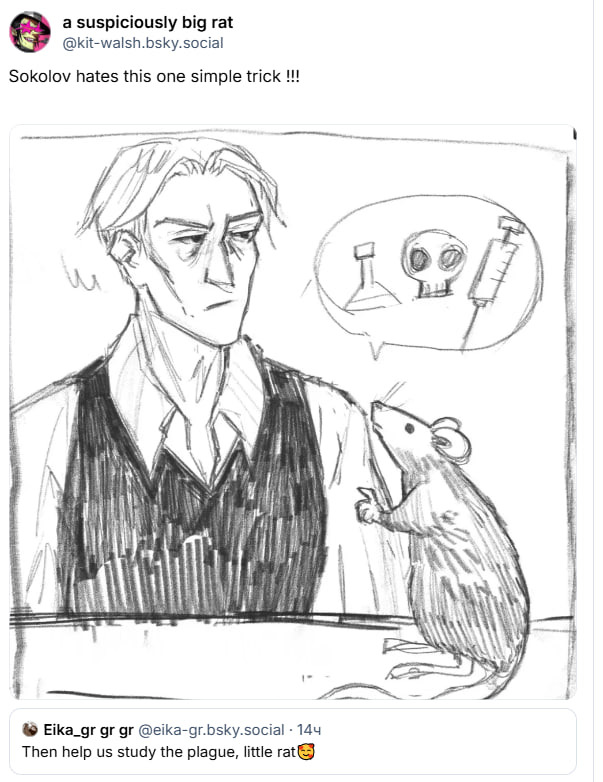 tex_textetexter's tweet photo. #Dishonored #Dh1
I'm literally in shock. I posted my son's ref last night, and just a few hours later he’s already been drawn with a rat! I'm in love !!! Fanart of my son😭😭😭   

Credit to the amazing artist (shared with permission, of course!) : https://t.co/s1UtsWWLRl https://t.co/1gICPRIiHr