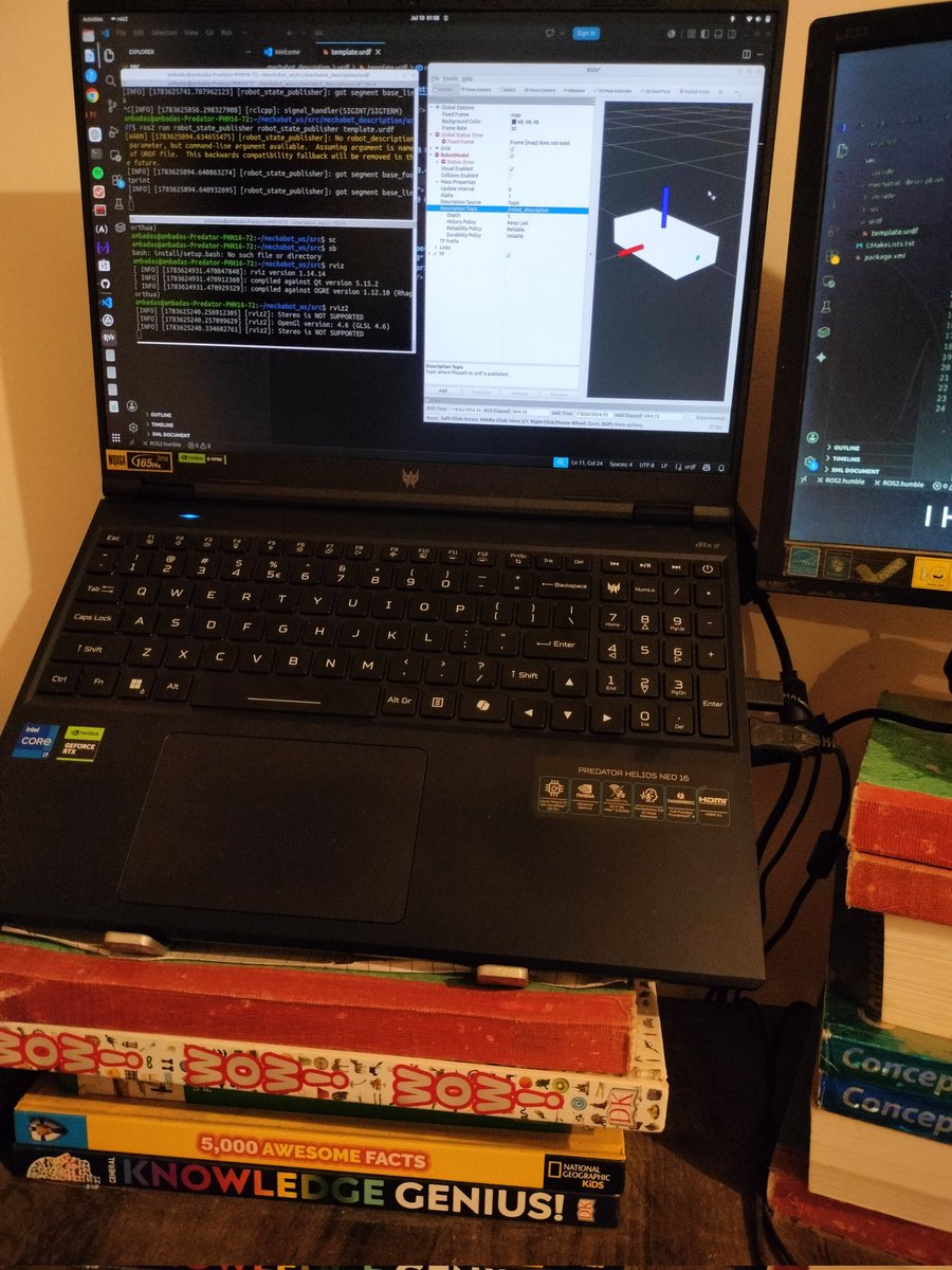 explicit_soul_'s tweet photo. Day-21
-started with simulation learnt about what is URDF,links,joints, visual elements,rviz,robot model,tf,transforms etc
-practiced solidworks
-practiced python
-revised linear algebra notes and read robotics handbook
-no gym sadly &amp; chest meal
#Robotics #LearningInPublic https://t.co/znsPr97vbq