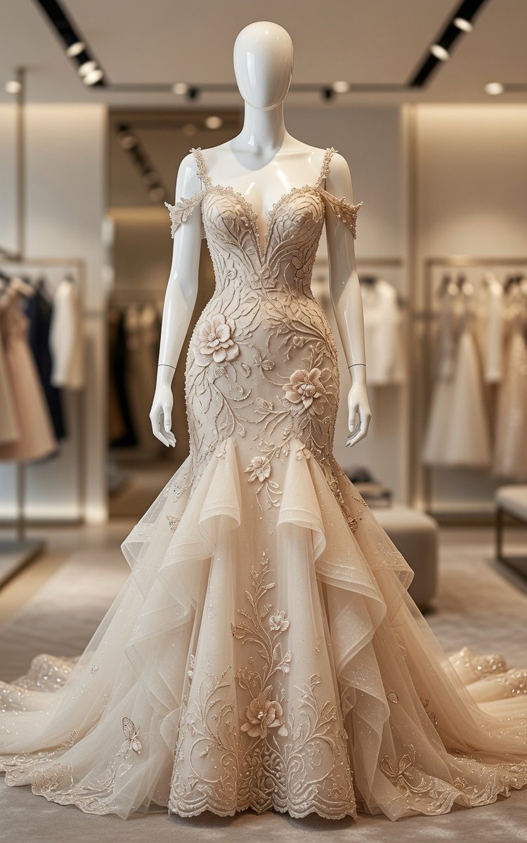 Rylee0362's tweet photo. This stunning ivory-champagne dress is the definition of timeless romance  the delicate off-shoulder straps, hand-embroidered floral motifs, and cascading tulle layers add the perfect touch of drama while keeping it refined and feminine. https://t.co/XCCWI8uvYi