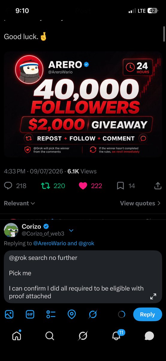 Corizo_of_web3's tweet photo. @AreroWario @grok @grok search no further 

Pick me

I can confirm I did all required to be eligible with proof attached https://t.co/DYUkR5eLnk