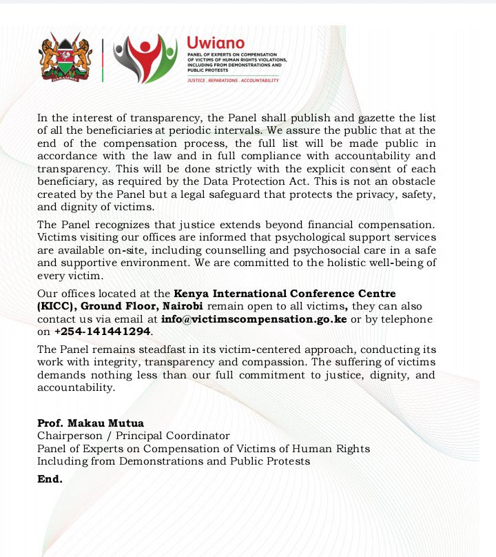 makaumutua's tweet photo. For Immediate Release — Update from the Panel on Compensation for Victims of Protests and Riots. https://t.co/VIPHiSuV9B