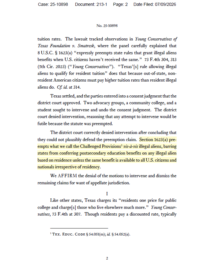 ASGWoodward's tweet photo. 🚨The Fifth Circuit affirms what Congress long ago made clear: illegal aliens cannot receive in-state tuition when American citizens are denied that same privilege based on residency. Today's ruling is a HUGE WN for this Department's in-state tuition lawsuits (12 pending . . . and counting 👀).

https://t.co/1nRGmPo2kR