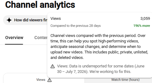 AndreaFunaro's tweet photo. @TeamYouTube I've been in this situation for more than two tweeks now: all my new videos, from June 26 onwards got almost no organic impressions and views. Errors appearing everywhere, with the date extending every day. I have to stop posting until you confirm this is fixed. https://t.co/x9MpaCNlUf