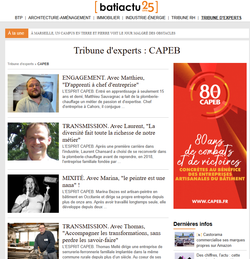 capeb_fr's tweet photo. 🔴Depuis 80 ans, la CAPEB porte une conviction : les entreprises artisanales du bâtiment sont une richesse essentielle pour nos territoires, notre économie et la transmission des savoir-faire.

C'est cette conviction que nous avons souhaité mettre en lumière à travers notre partenariat avec BATIACTU, en valorisant des femmes et des hommes qui incarnent, chaque jour, les valeurs de l'artisanat du bâtiment que porte la CAPEB

Dans la série L'Esprit CAPEB, partez à la rencontre de Matthieu, Laurent, Marina, Thomas, Fabien et Marie. Leurs parcours sont tous différents, mais ils ont en commun la passion de leur métier, le goût d'entreprendre, l'attachement à la transmission, la fierté de leur indépendance et la volonté de faire vivre des savoir-faire d'excellence.

À travers leurs témoignages, c'est tout ce que la CAPEB défend depuis huit décennies qui s'exprime : un artisanat de proximité, créateur d'emplois, ancré dans les territoires, tourné vers l'avenir et porté par des femmes et des hommes engagés.

Nous sommes fiers de représenter ces artisans et de contribuer à faire entendre leur voix. Ces portraits sont un hommage à leur talent, à leur engagement et à leur rôle essentiel dans le bâtiment d'aujourd'hui et de demain.

L’occasion également de revenir sur les combats et les victoires au service de l’artisanat du bâtiment qui ont marqué l’histoire de la CAPEB depuis sa création.

📖 Retrouvez l'ensemble des portraits L'Esprit CAPEB publiés sur Batiactu : https://t.co/t7nVyfssgs

Et parce que cette année marque les 80 ans de la CAPEB, nous vous donnons rendez-vous le 29 septembre à 17h, aux Folies Gruss, pour célébrer ensemble huit décennies d'engagement au service de l'artisanat du bâtiment… et écrire la suite de cette belle aventure.